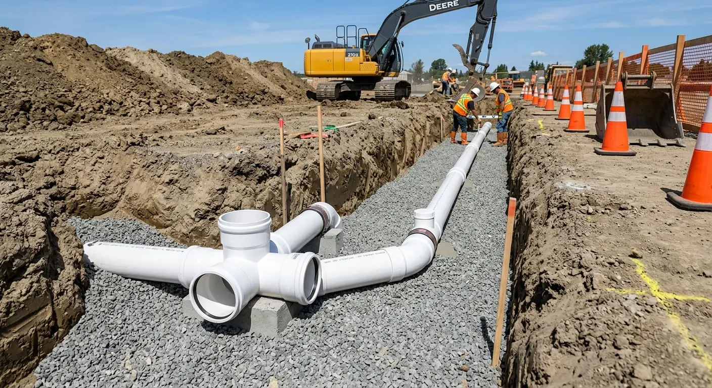 New PVC sewer pipe installation in open trench for Sewer Backup in Hillcrest Heights