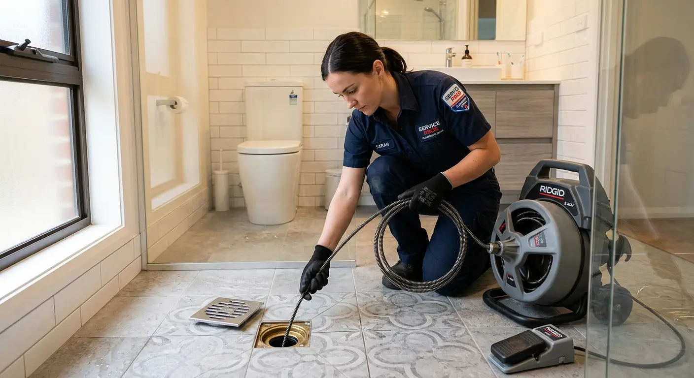 Technician clearing a bathroom floor drain for Sewer Line Installation in Hillcrest Heights